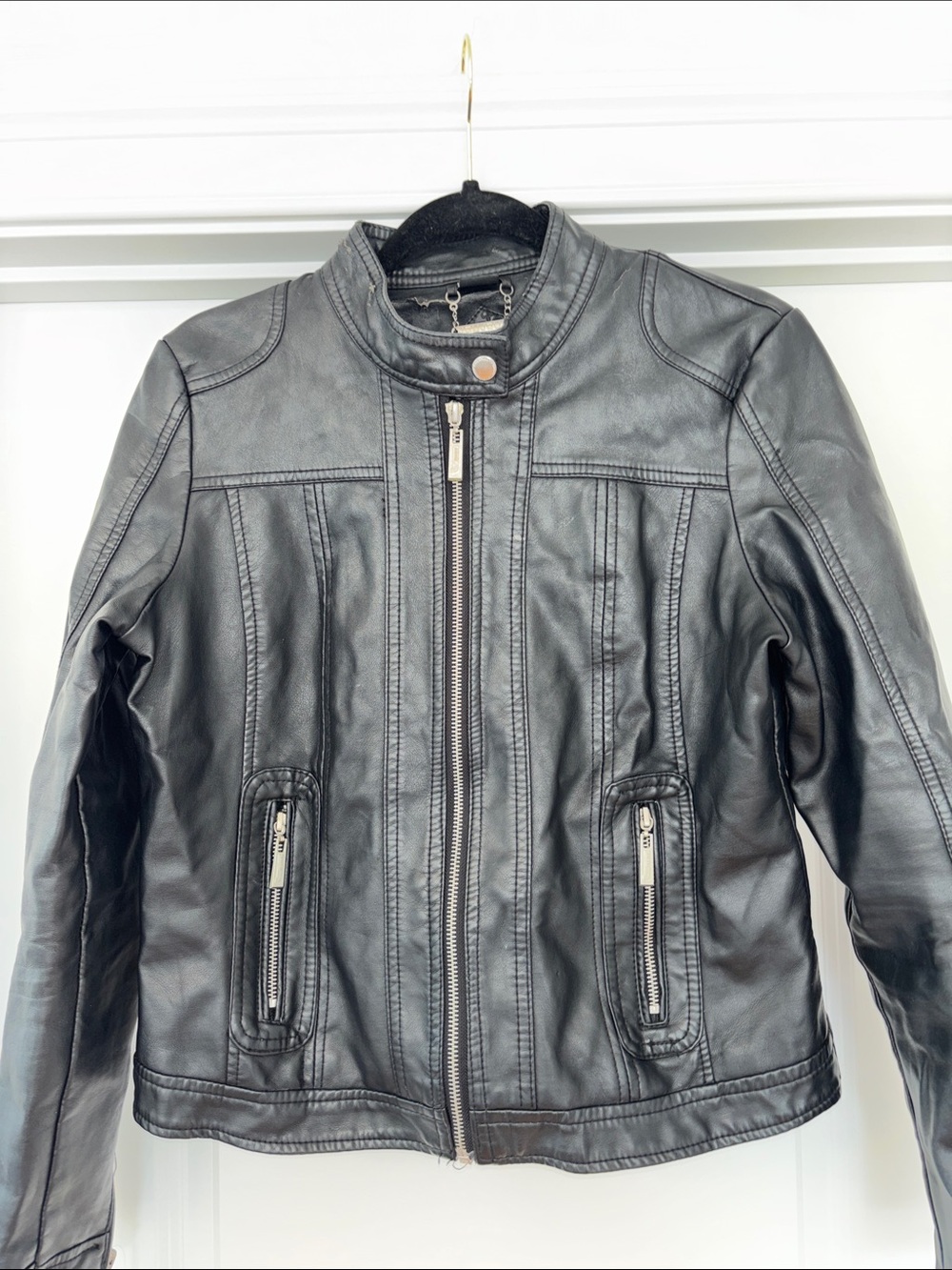 Black Faux Leather Moto Jacket - Classic Biker Style - Picture 3 of 8